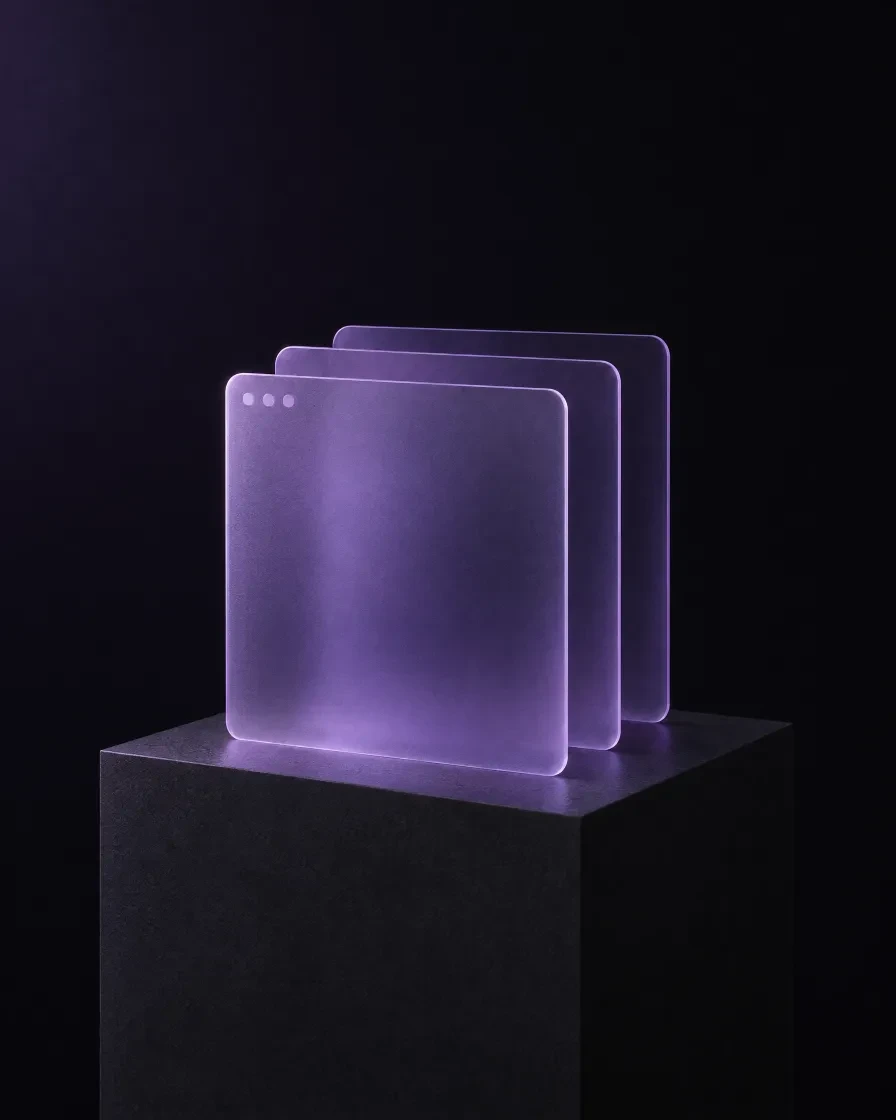 Three frosted violet glass panes shaped like browser windows on a dark plinth
