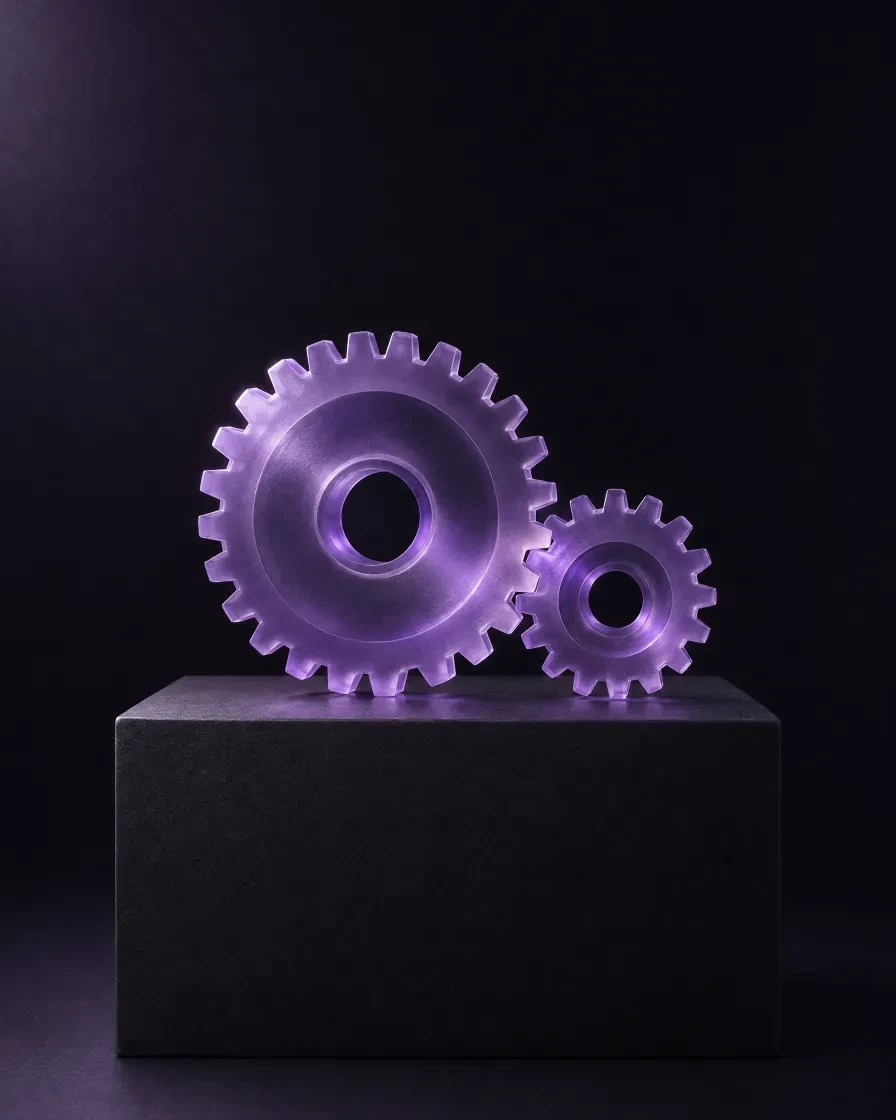 Two violet glass gear wheels meshing with each other