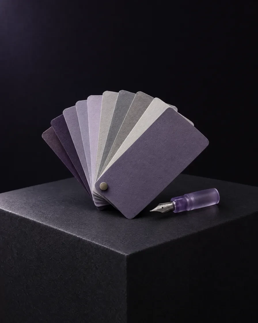 A fan of colour swatch cards beside a glass pen nib
