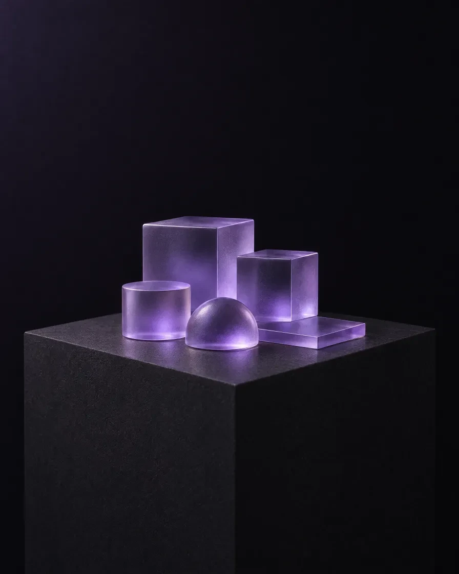 Small violet glass blocks: cubes, a cylinder and a half sphere