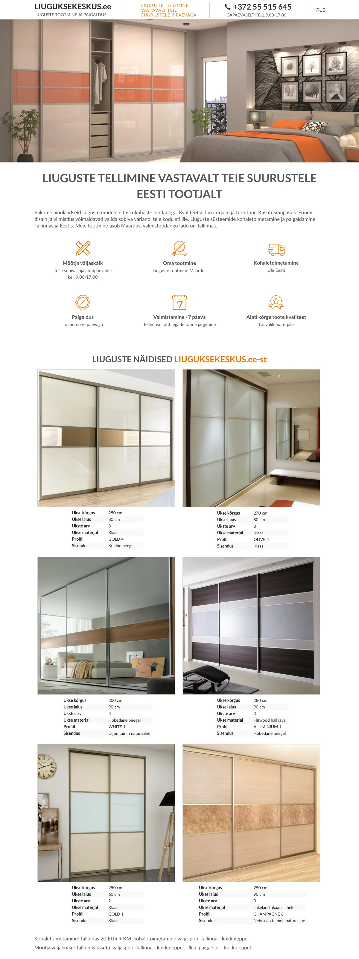 The Liuguksekeskus front page: sliding doors made to measure, own production and fitting, and examples with sizes and materials