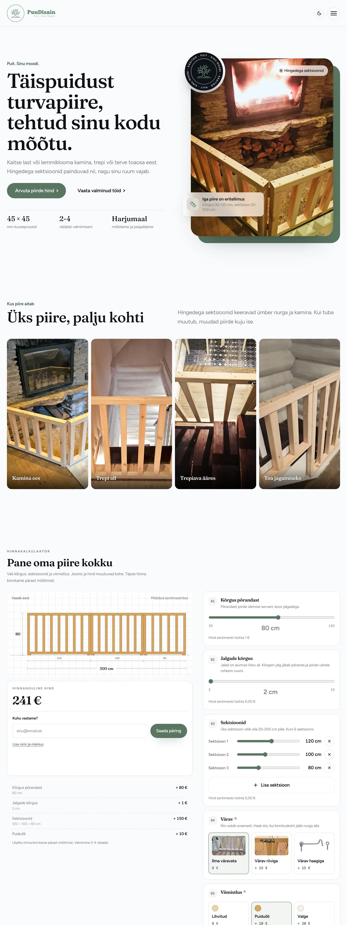 PuuDisaini avaleht: täispuidust turvapiire kamina ees, piirde kasutuskohad ja hinnakalkulaator piirde joonisega