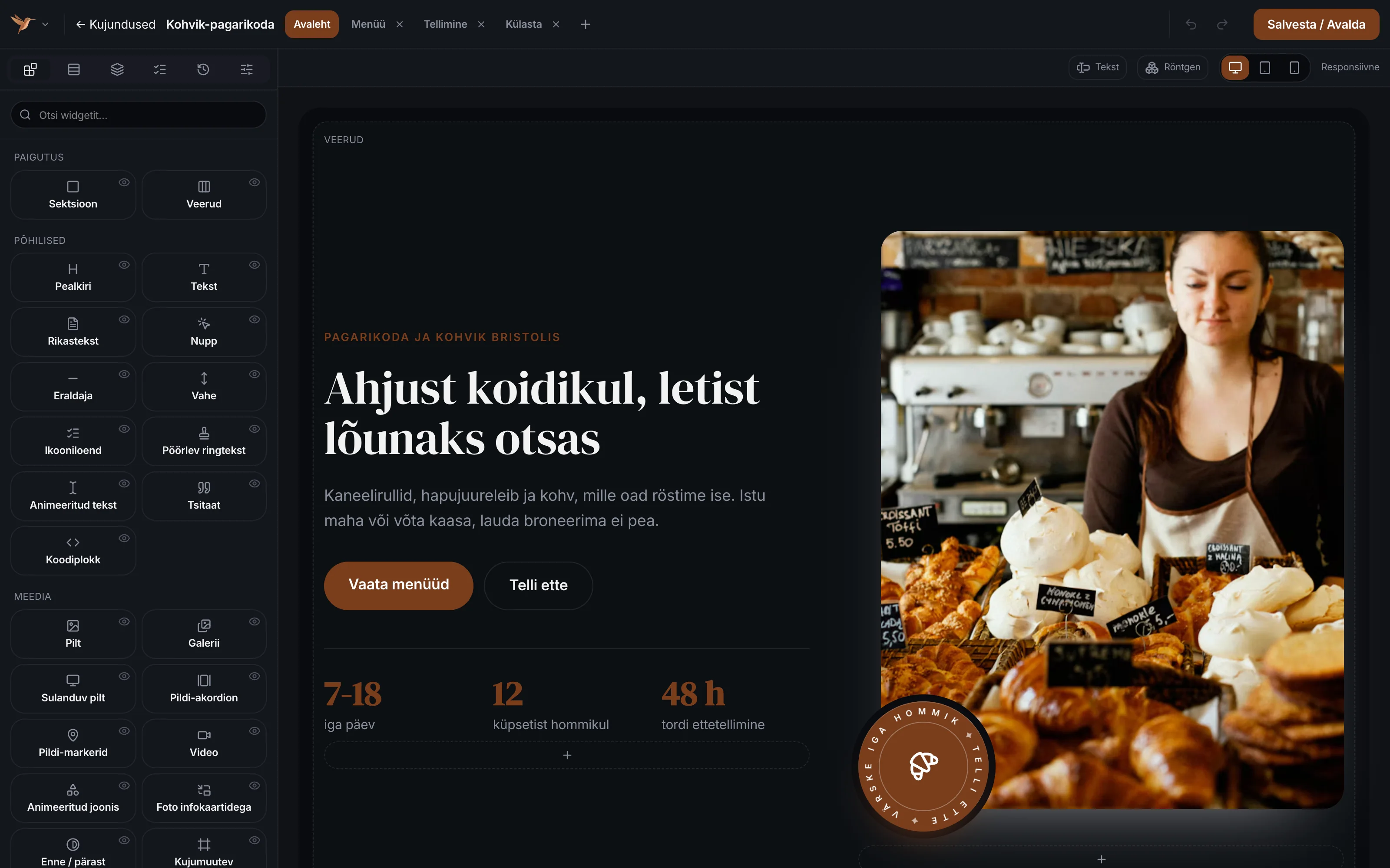 The Husly builder: the widget panel on the left, a bakery website design on the right