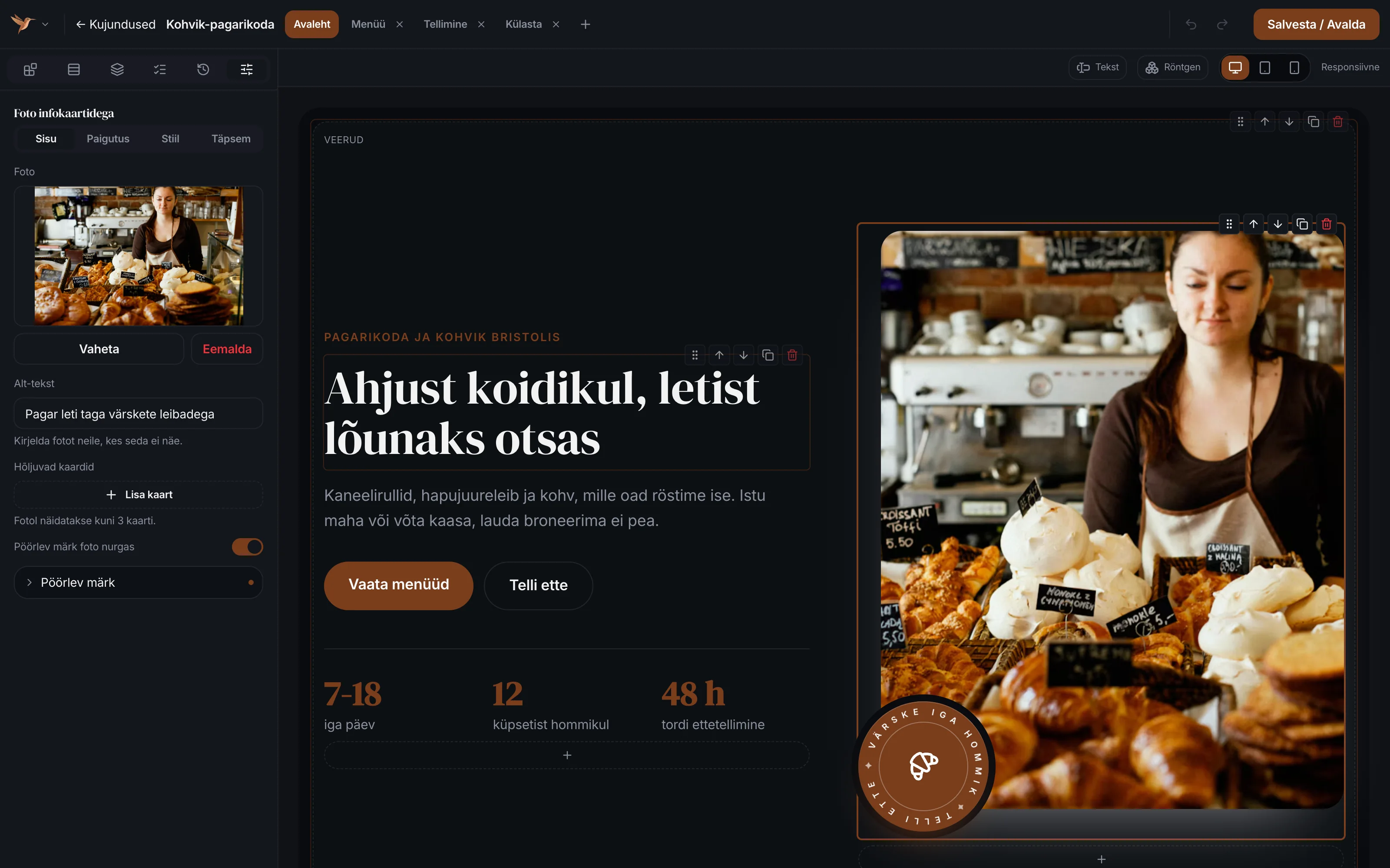 A photo block selected in the Husly builder: its settings on the left, the block's toolbar on the page
