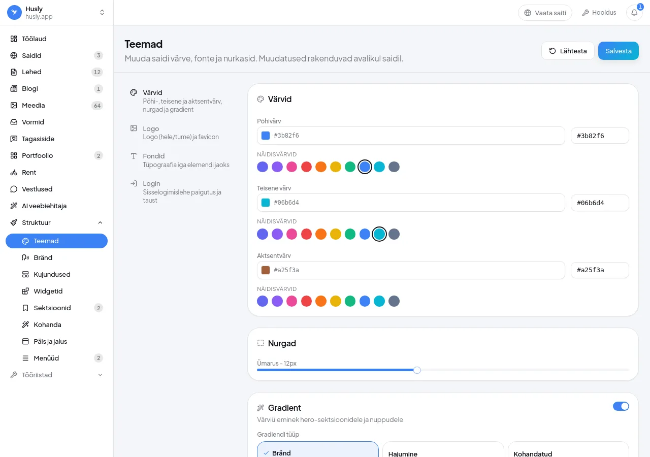 Page editor settings panel above the canvas on a desktop screen