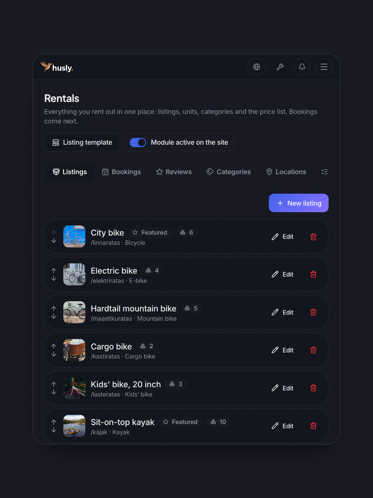 The Husly rentals module on a phone: listings of bikes, kayaks and a canoe with their photos