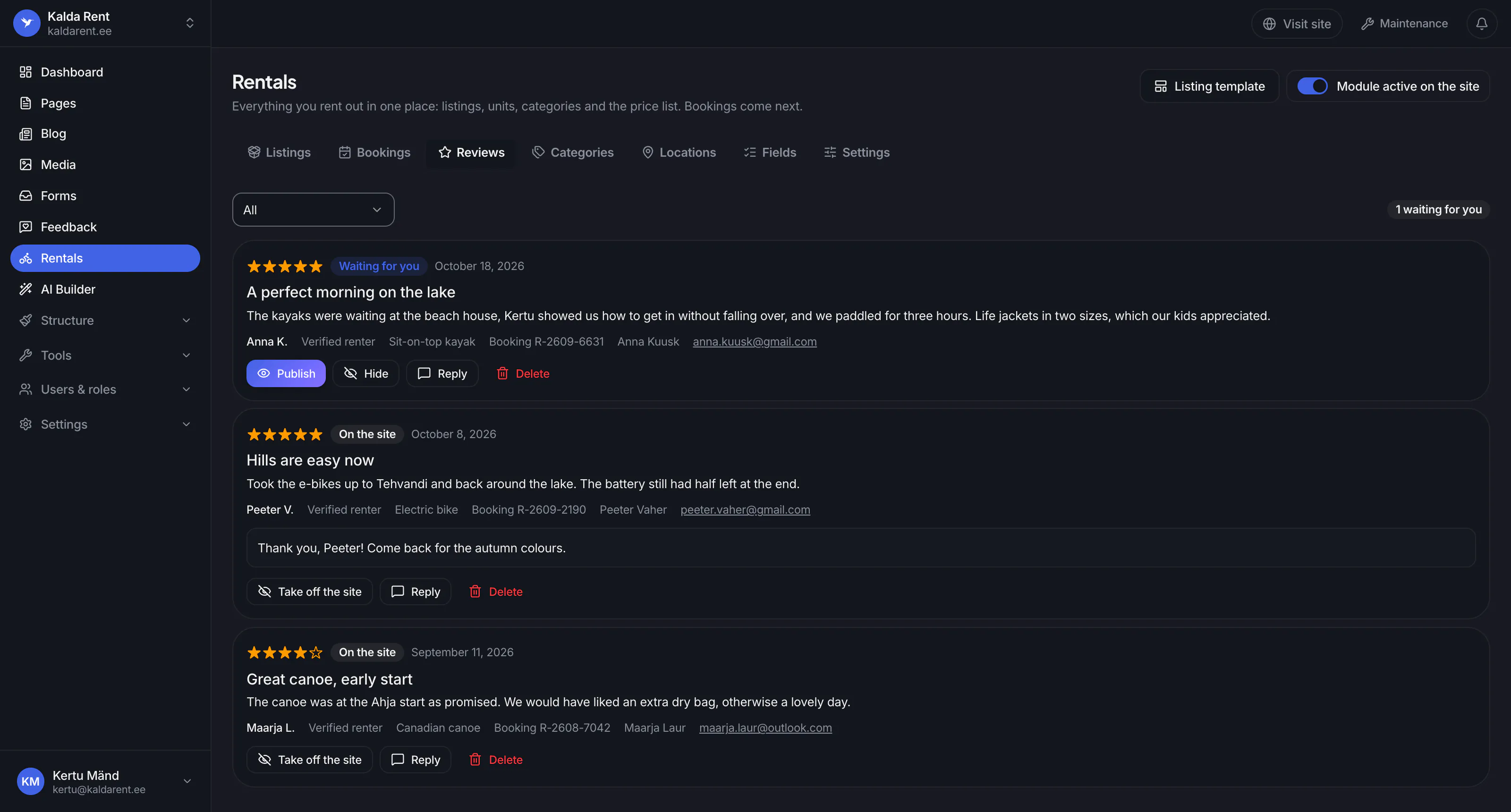 The reviews list: a five-star review waits to be published, another one has an answer