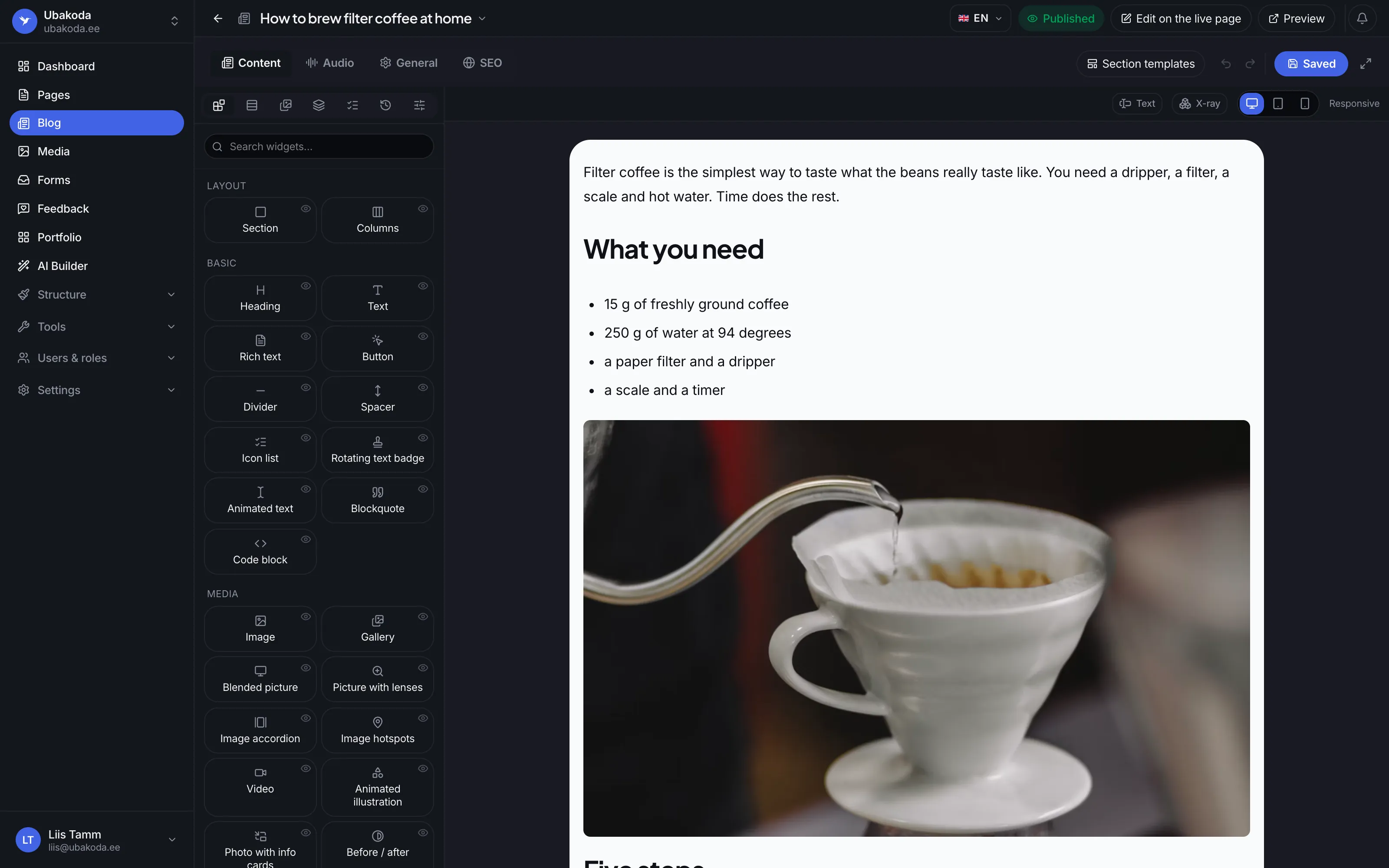 The post editor: the list of blocks on the left and a filter coffee post in English on the right
