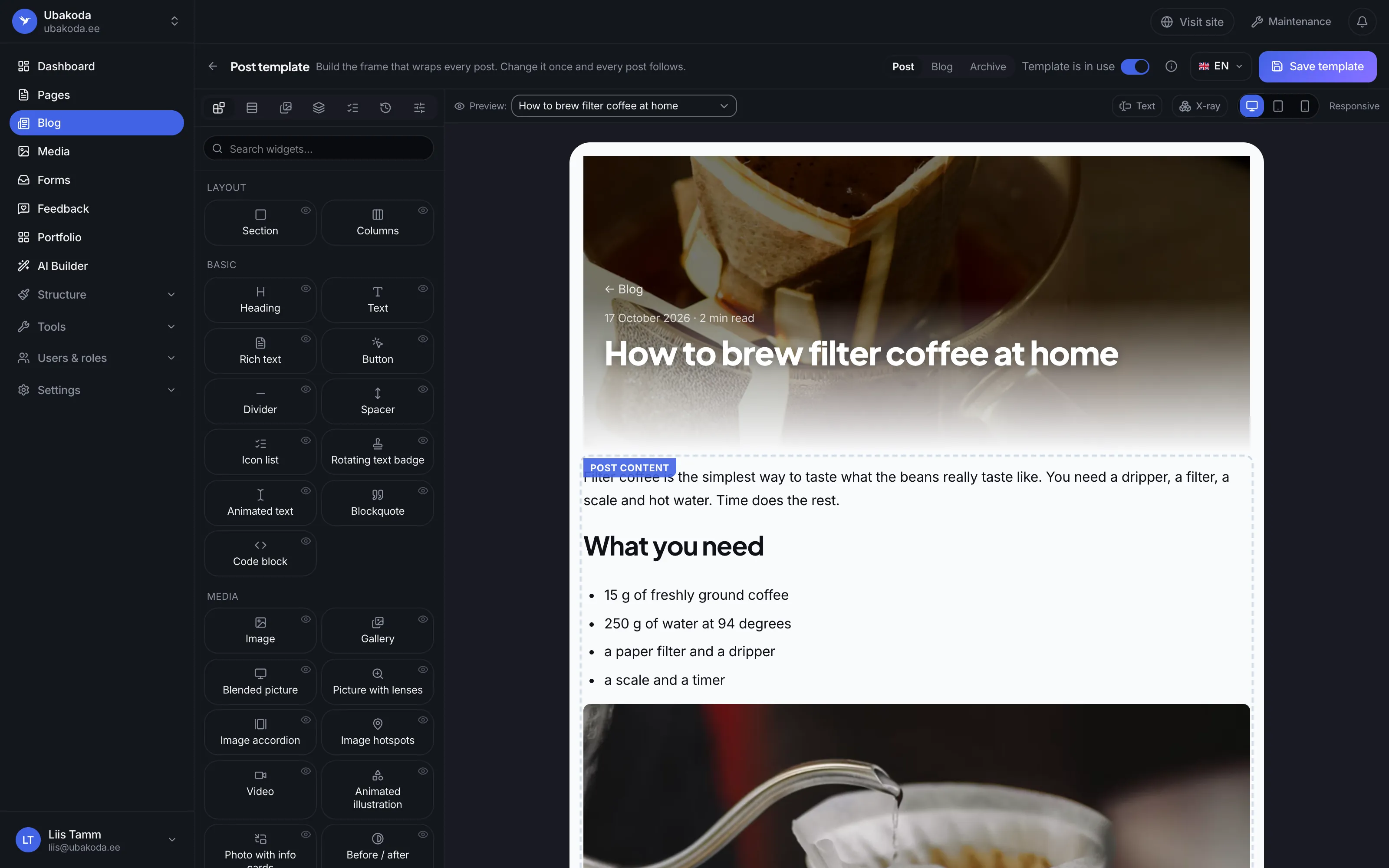 The post template in the builder: a header with the cover picture, the date, the reading time and the place of the post's content