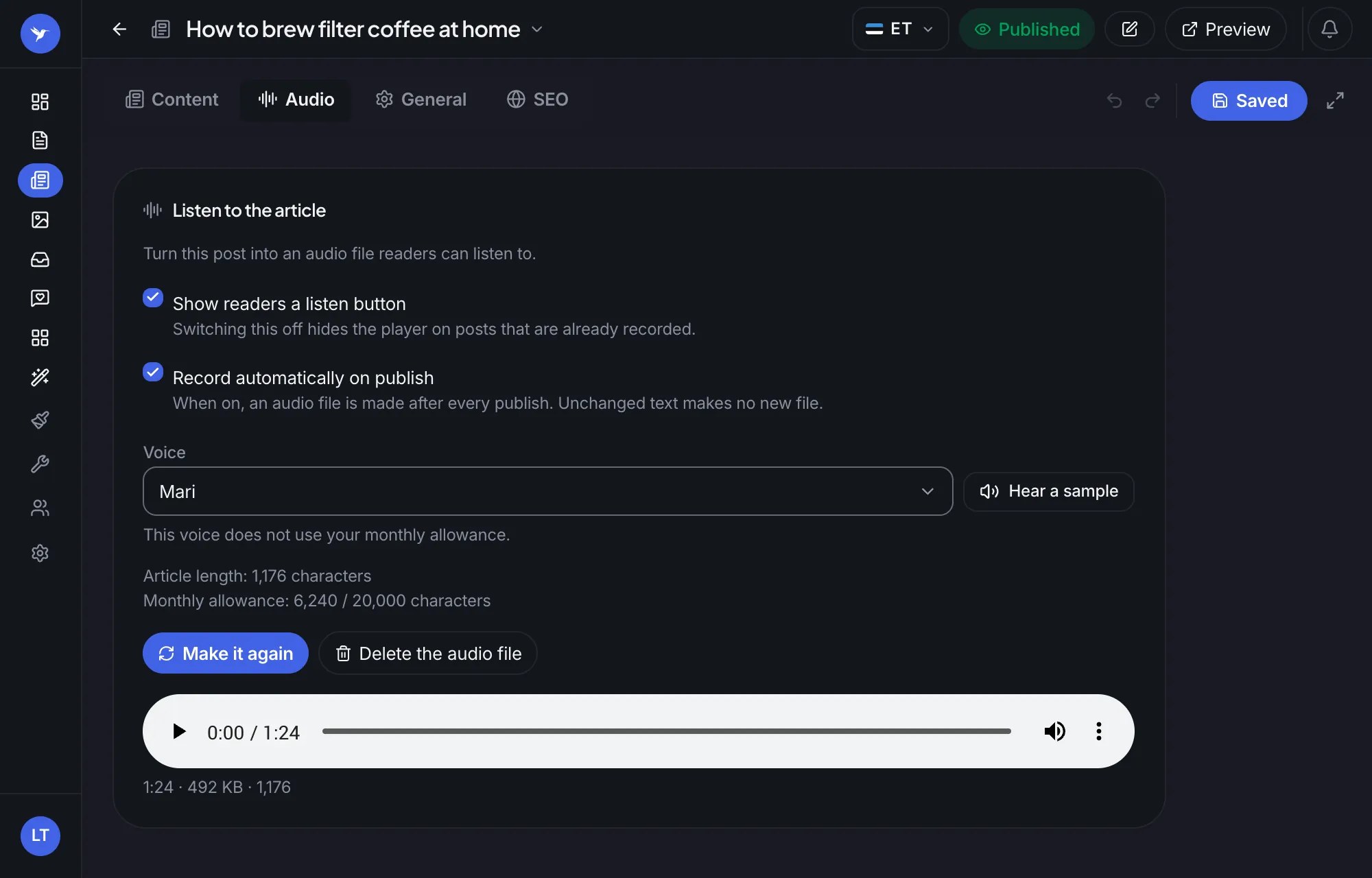 The listen settings: the listen button on, recording on publish, the voice Mari and a finished audio file