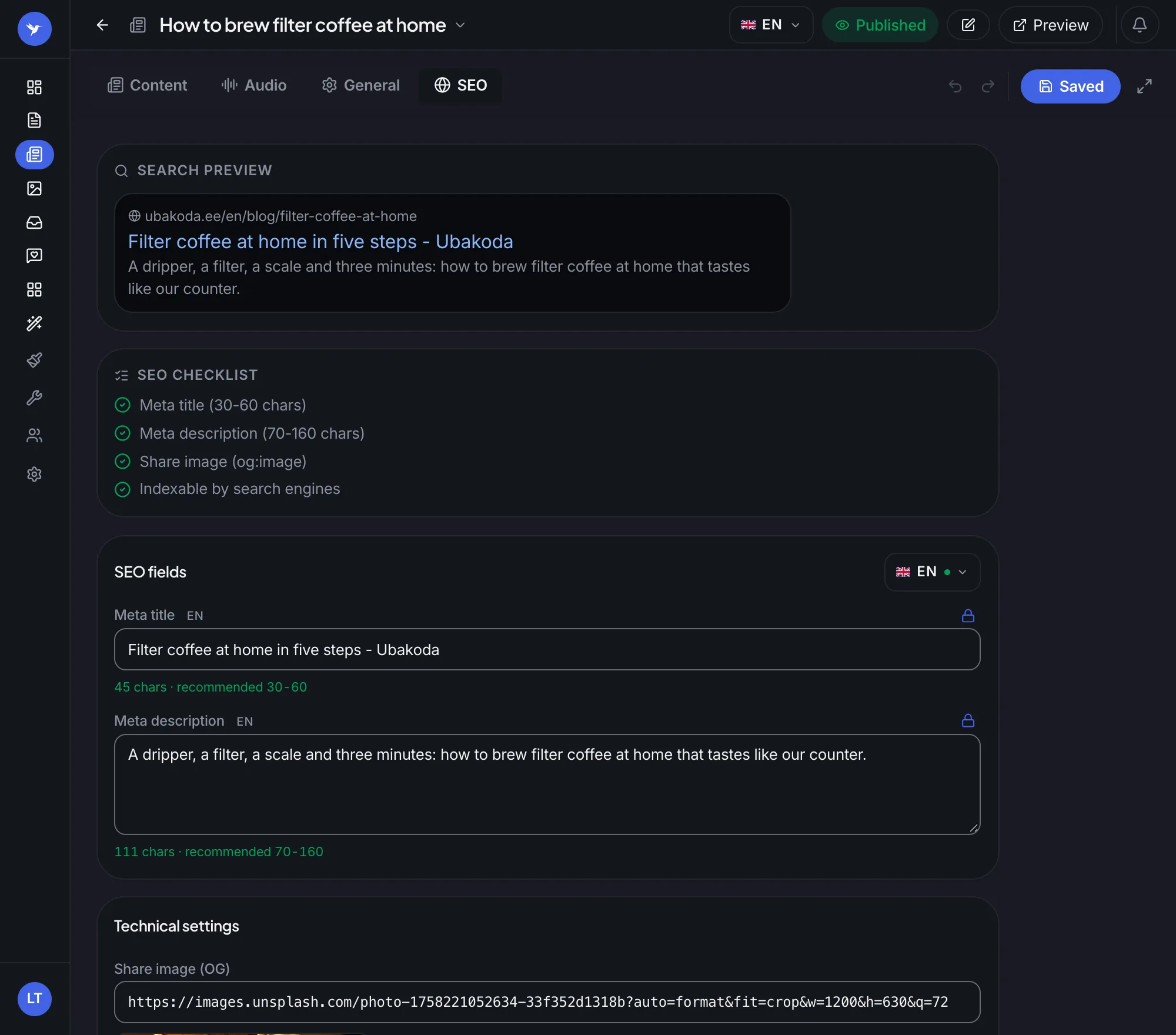 A post's search engine settings: the Google preview, the checklist and the English title and description