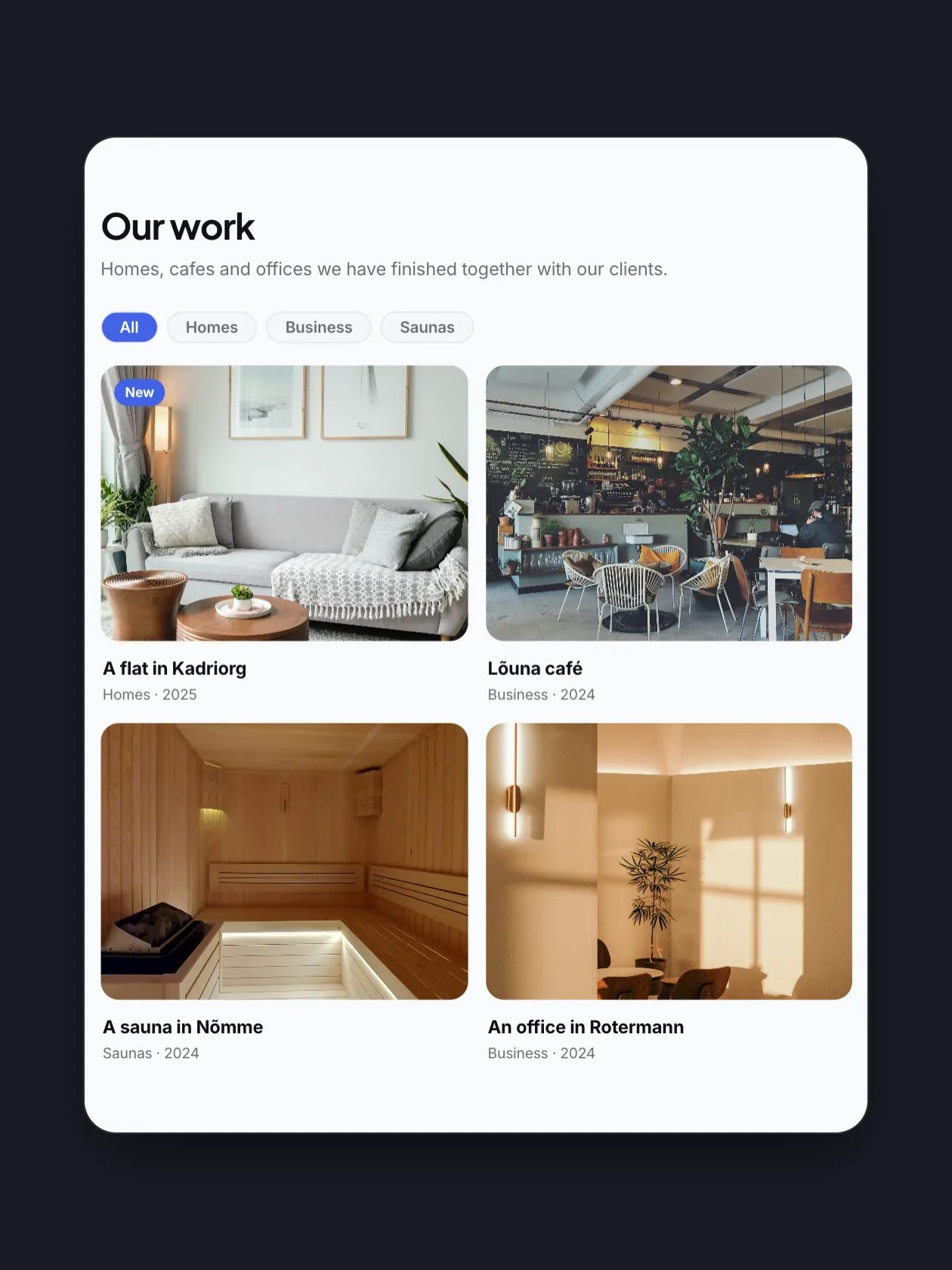 An interior design studio's work page: the filters and four projects with their photos