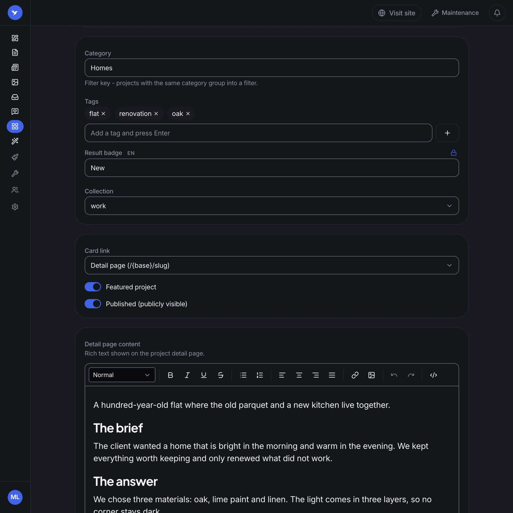 The project details: the category, the tags, the result badge, the collection, the card link and the text of the project's page
