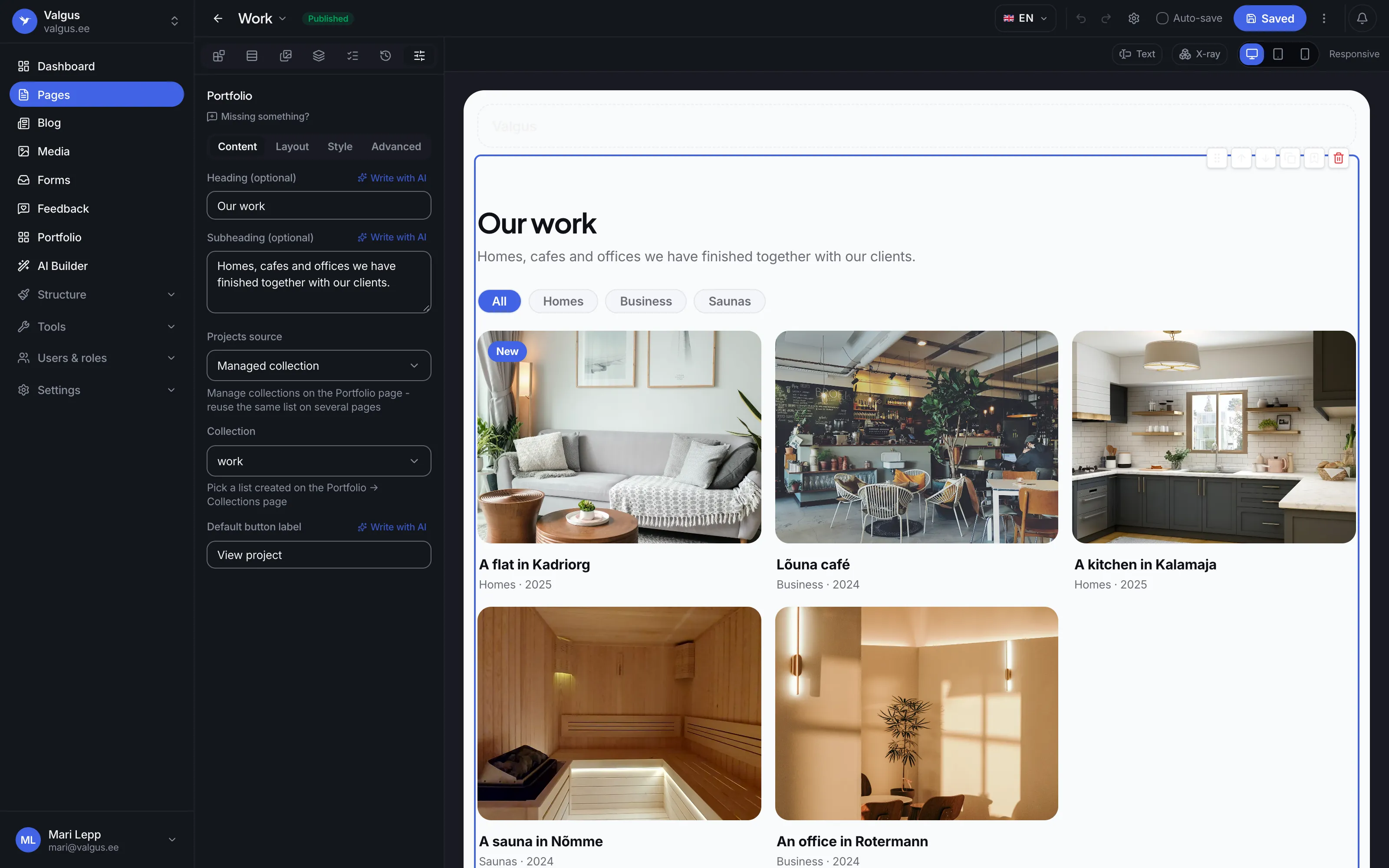 The portfolio block in the builder: a collection picked, the filters and the projects on the page