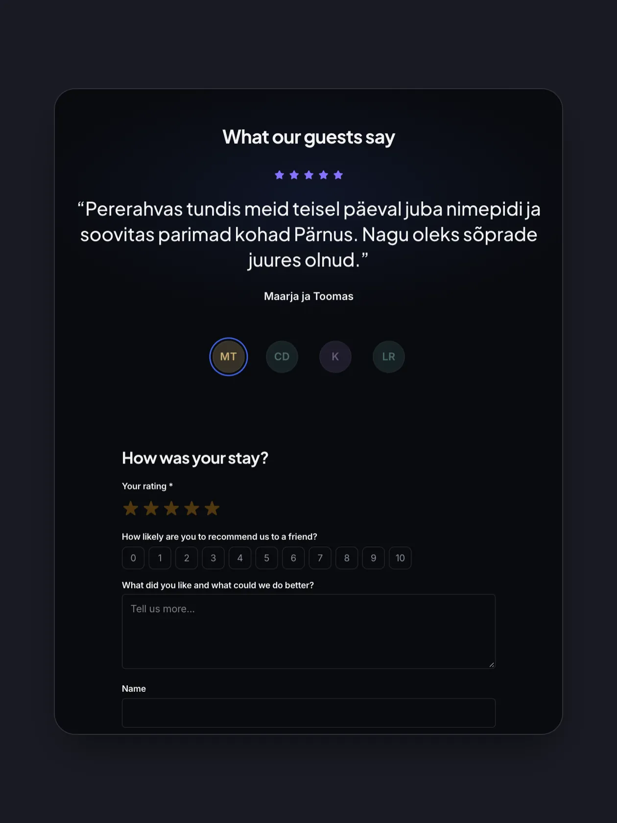 A guesthouse's reviews page: a guest's quote with five stars and the feedback form