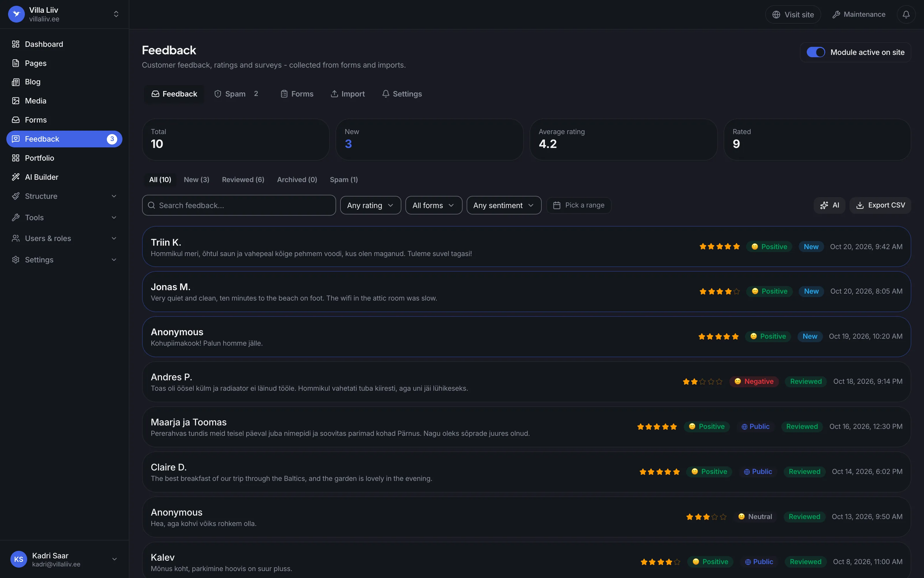 The feedback inbox: an average rating of 4.2, the filters and the guests' answers with stars and mood
