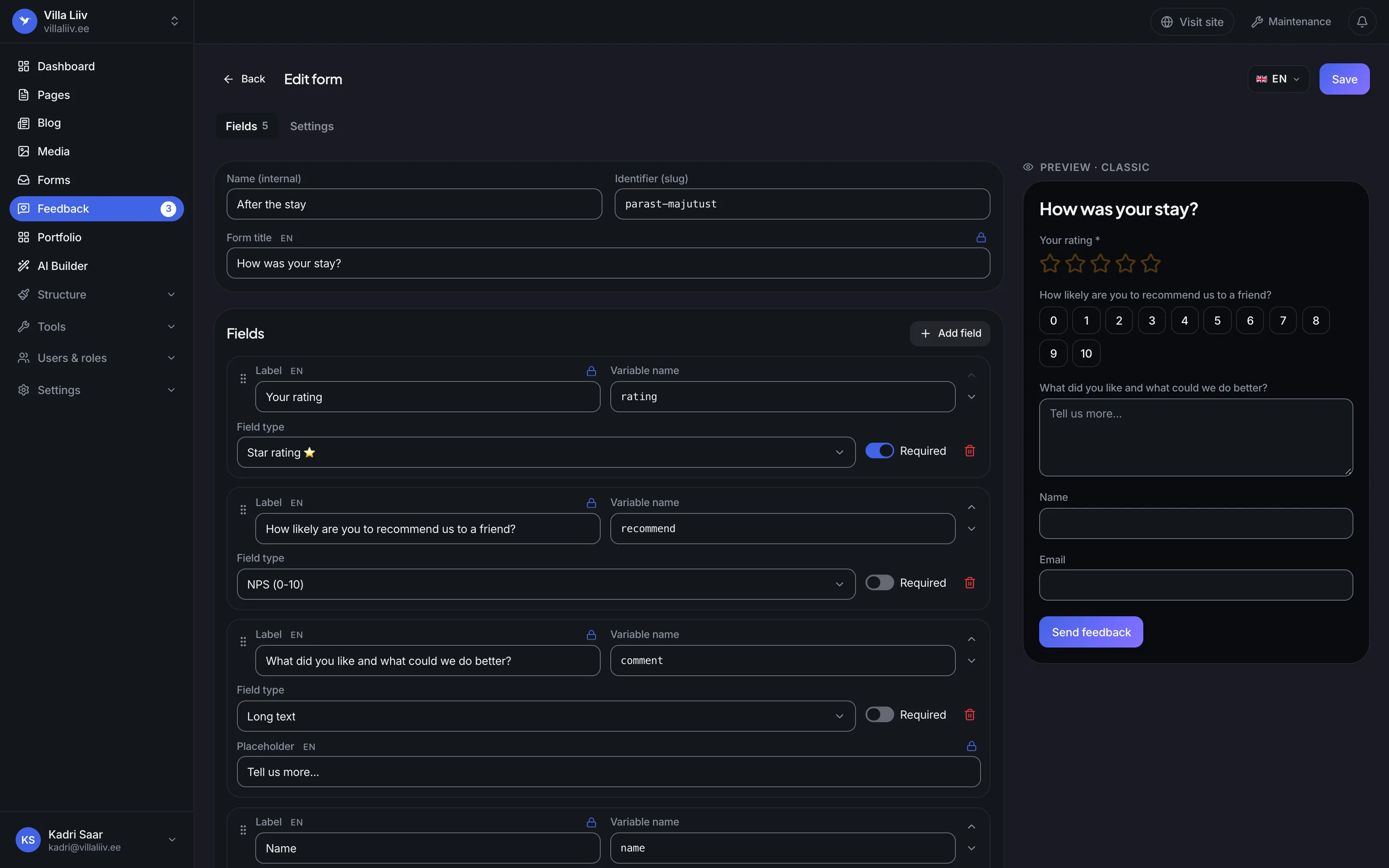 The feedback form editor: the fields with a star rating and NPS on the left and the live preview on the right