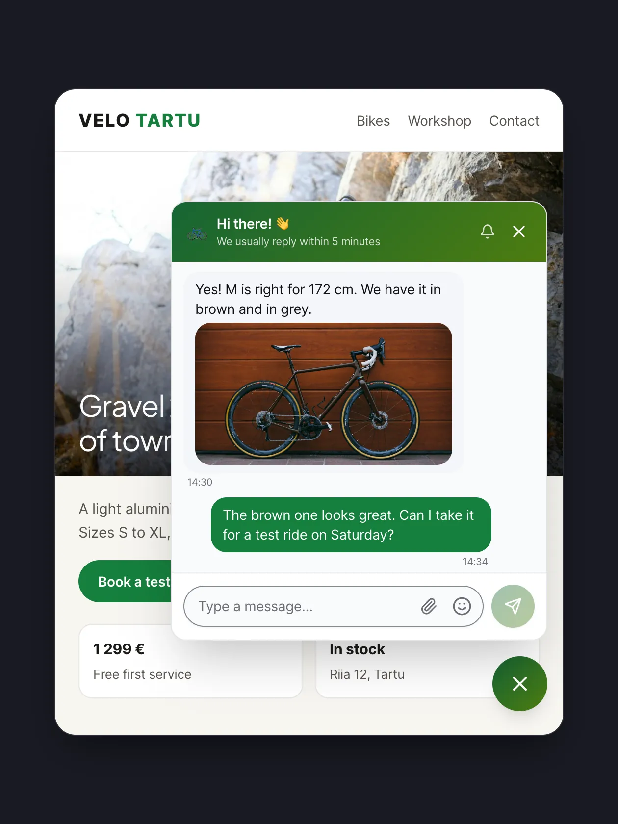 A bike shop's page with the chat box open: the shop's reply with a photo of the bike and the visitor's question about a test ride