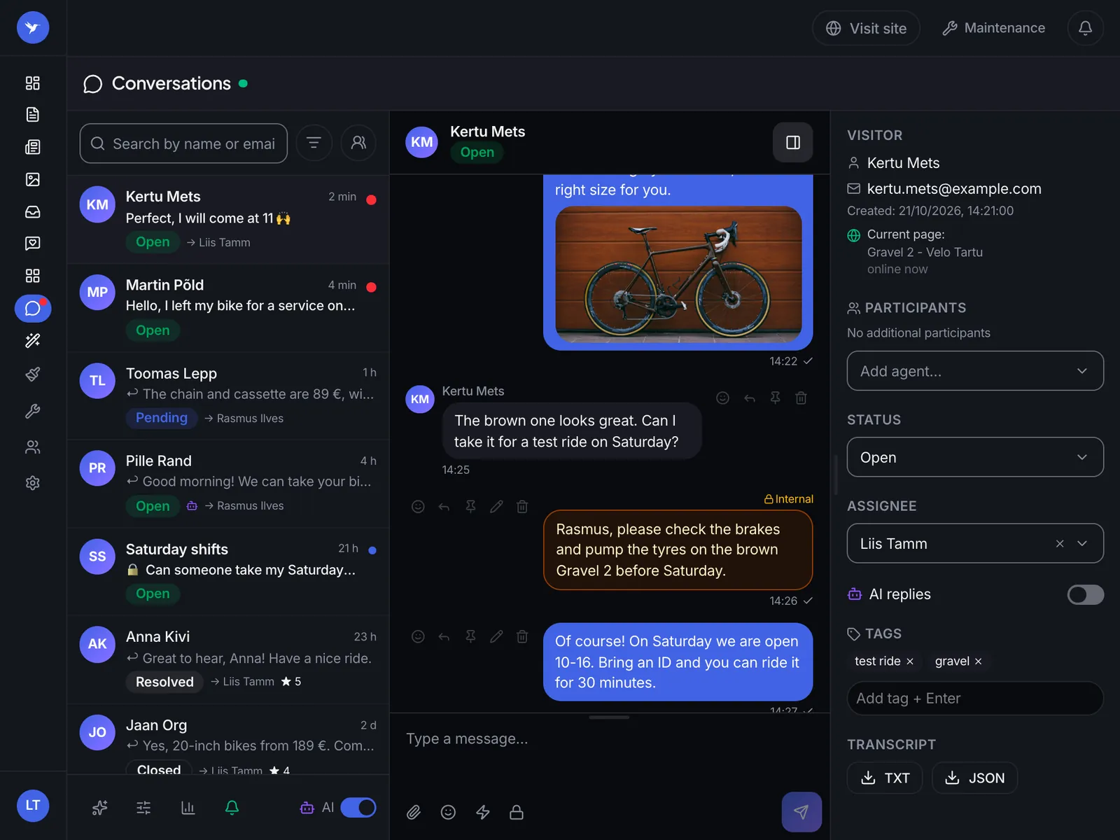 The Husly chat inbox: the list of chats, an open chat and the visitor's details