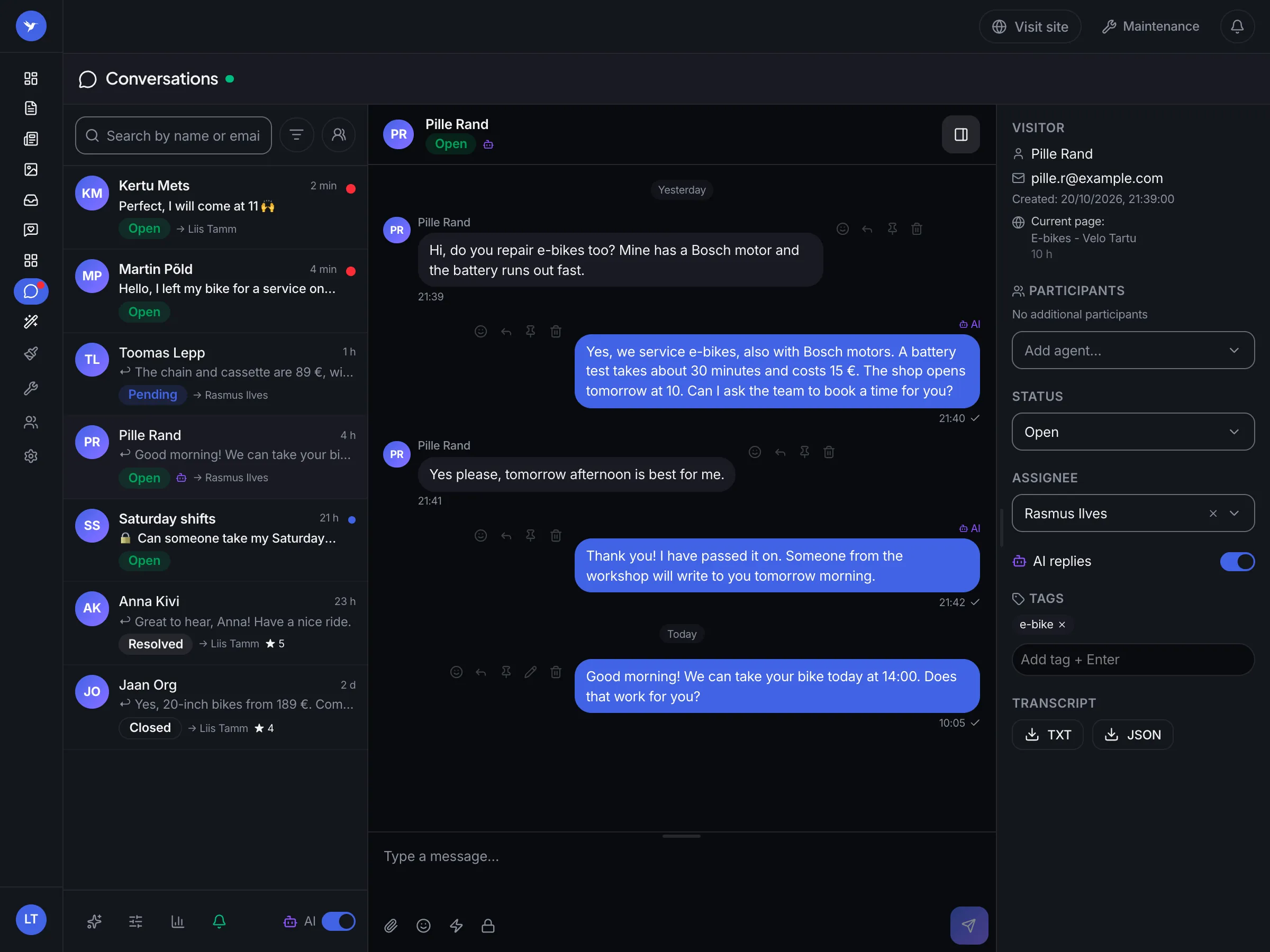 A chat where the AI answered in the evening and the team in the morning: messages with an AI label and the AI replies switch