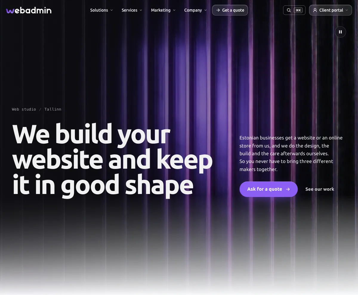 The front page of the WebAdmin web studio