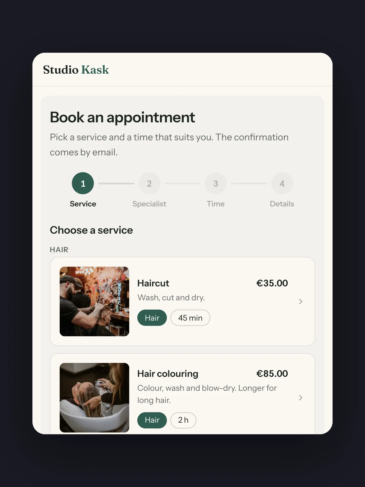 The booking block of the hair salon Studio Kask: the steps service, specialist, time and details, and the services haircut at €35 and hair colouring at €85 with photos