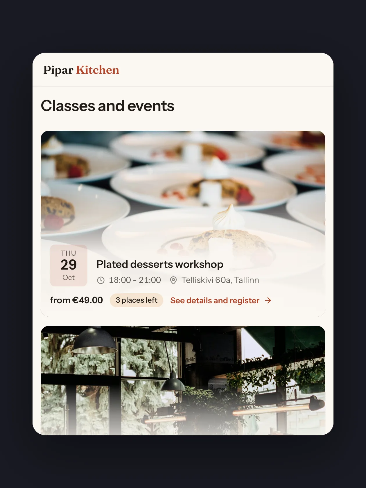 The events block of the cooking school Pipar Kitchen: a plated desserts workshop on Thursday 29 October from €49, three places left